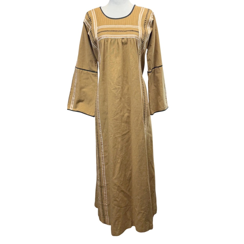 Josefa Vintage 70s 100% Cotton Long Kaftan Maxi Dress Size M Yellow Embroidered - Picture 2 of 9